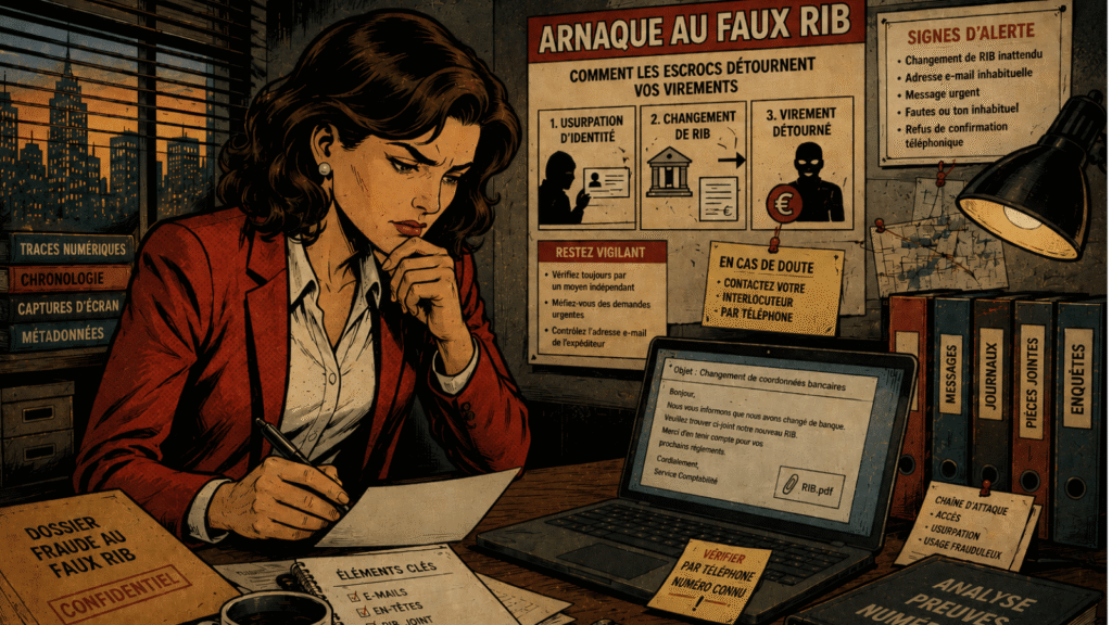 Illustration d’une enquête numérique sur une arnaque au faux RIB, avec analyse d’e-mails, de documents bancaires et de preuves numériques